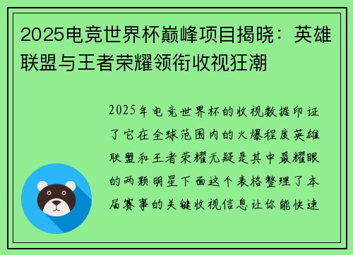 2025电竞世界杯巅峰项目揭晓：英雄联盟与王者荣耀领衔收视狂潮